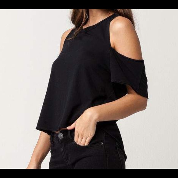 FREE PEOPLE black cold shoulder cross back T, sz S - Picture 3 of 8
